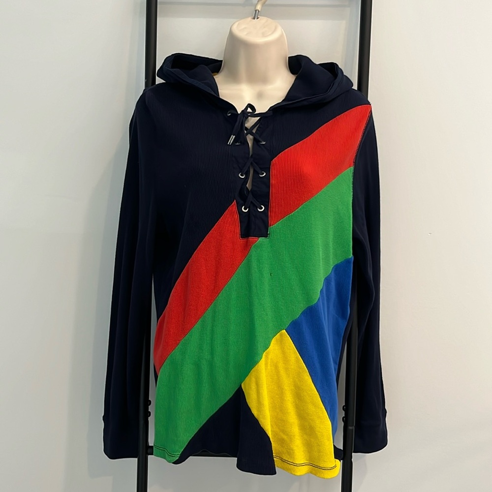 Vintage Ralph Lauren Y2K Color Block Hoodie Blue Striped XL Streetwear Rare